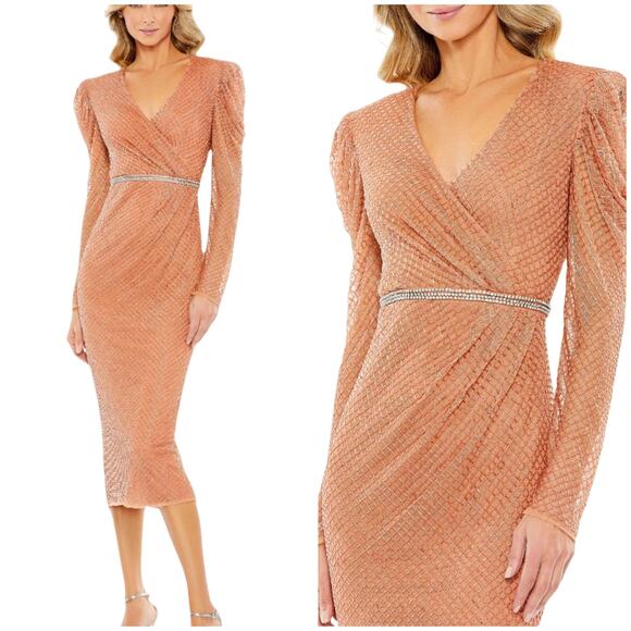 Mac Duggal NWT Copper Beaded Wrap Over Puff Sleeve Dress Rhinestone Waist Size 0 - Picture 1 of 10